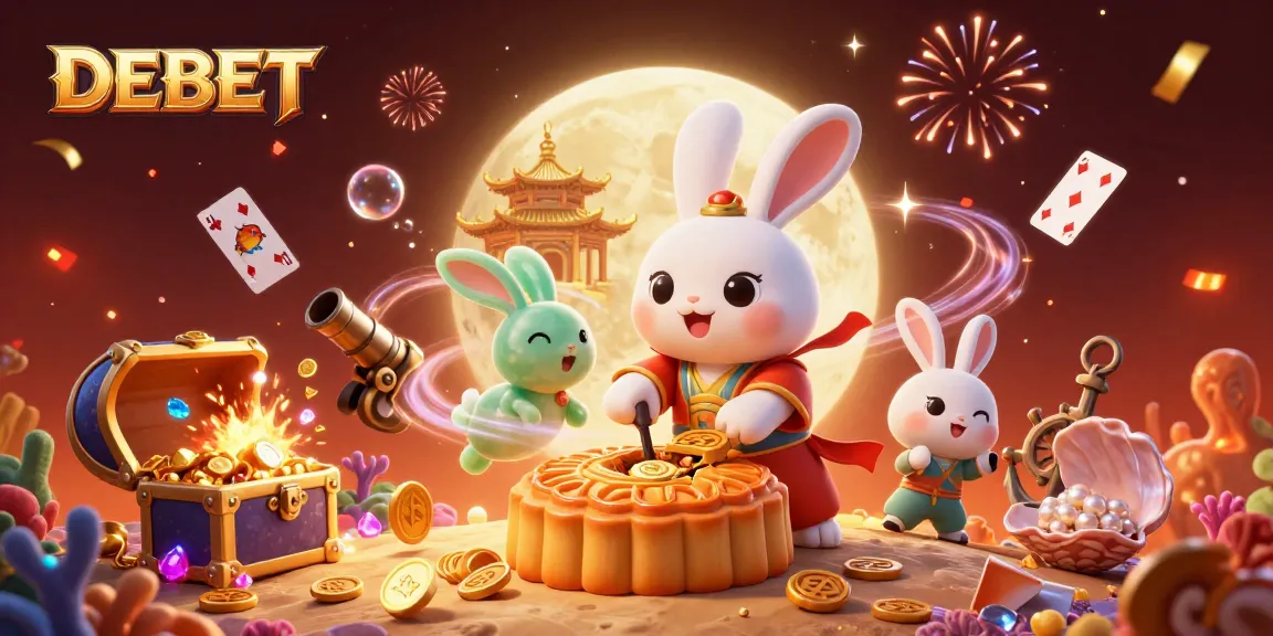 Engage with DEBET’s vibrant gambling scene featuring moon rabbits uncovering poker chips and treasure.