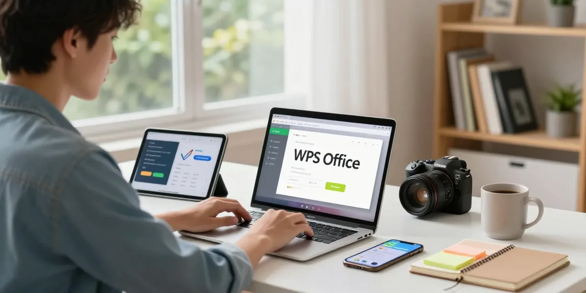 Download WPS Office in a modern home office with laptop and productivity tools.