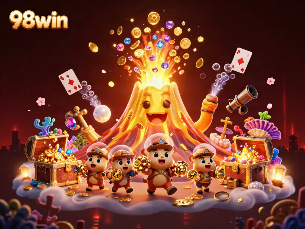 Embark on thrilling adventures with 98win's vibrant treasure hunt featuring animated volcanoes and playful animals.