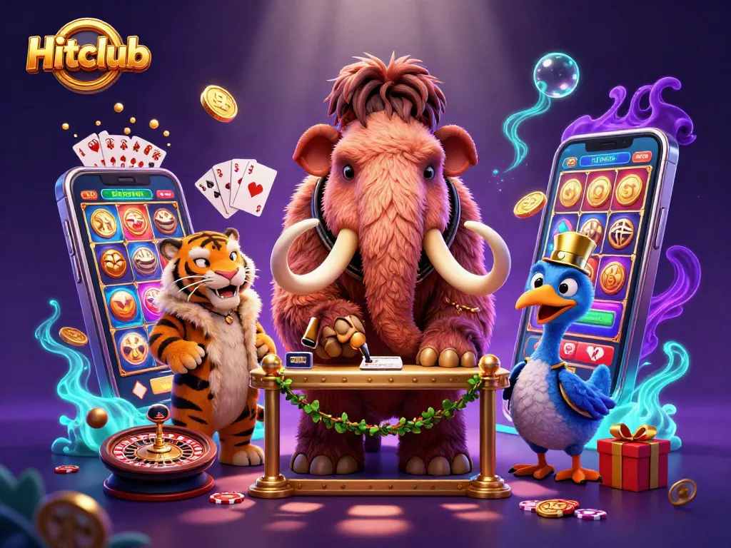 Engage with Hitclub as vibrant slot games and a lively casino scene come to life in this illustration.