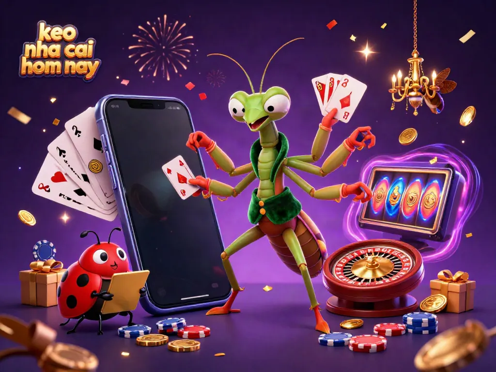 Engaging scene of keo nha cai hom nay with a giant praying mantis card sharp, ladybug pit boss, and dynamic gaming elements.