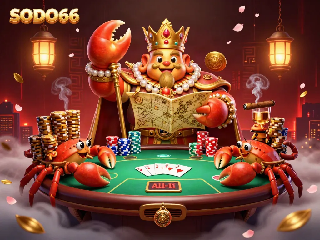 SODO66 features a golden crab emperor amidst a vibrant casino scene with poker elements.
