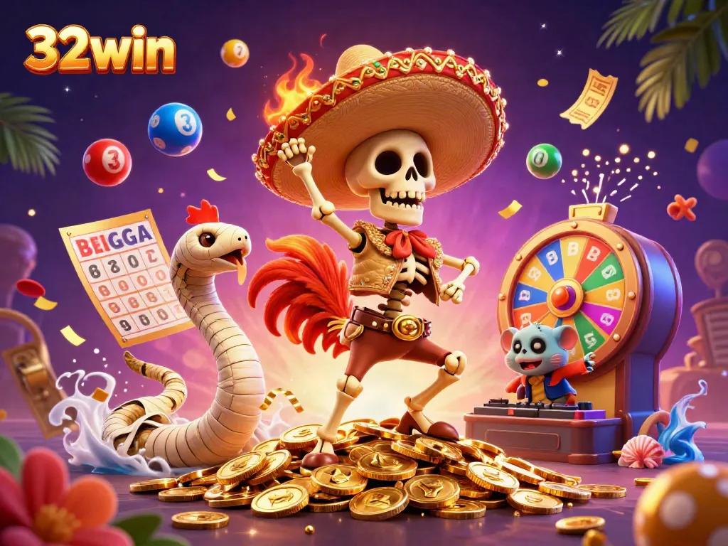 Experience exciting wins with 32win's celebrated gaming atmosphere, featuring colorful casino elements.