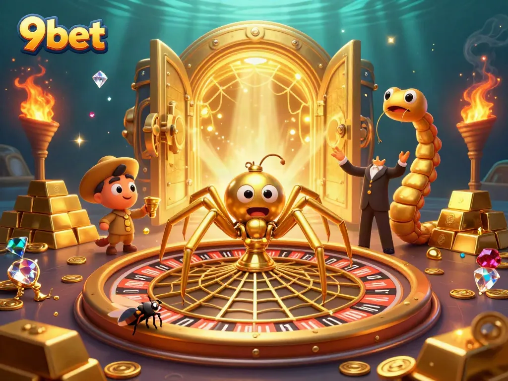 Engage in thrilling bets with 9bet's golden roulette wheel spun by a spider and centipede croupier.