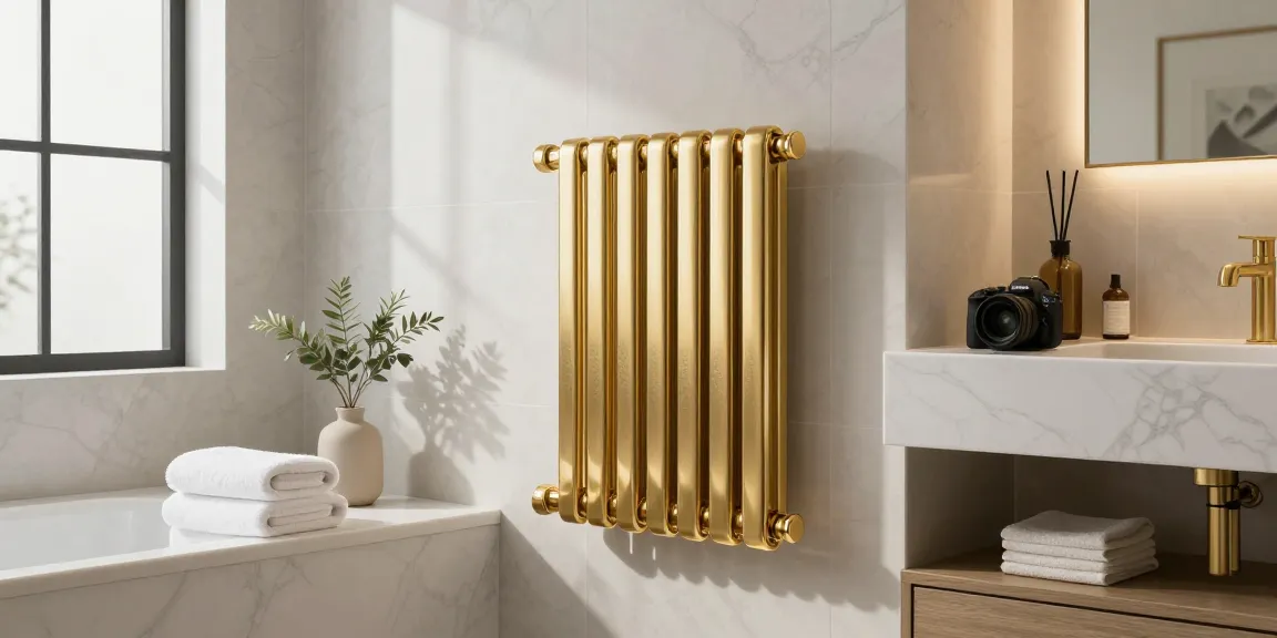 Design badkamerradiator goud in een moderne badkamer met luxe accessoires en sfeervolle verlichting.