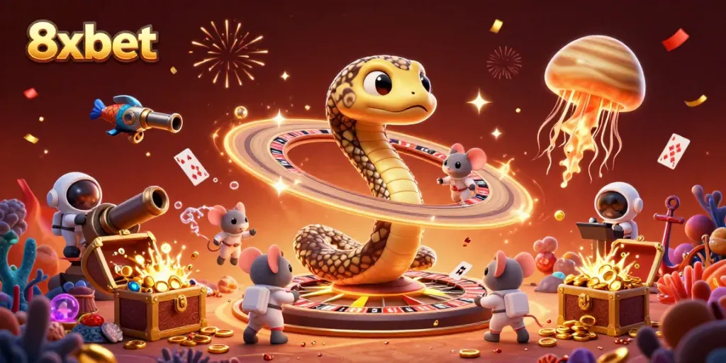 Engage with 8xbet's vibrant cosmic casino scene as astronaut mice place bets on a roulette wheel made of Saturn's rings.