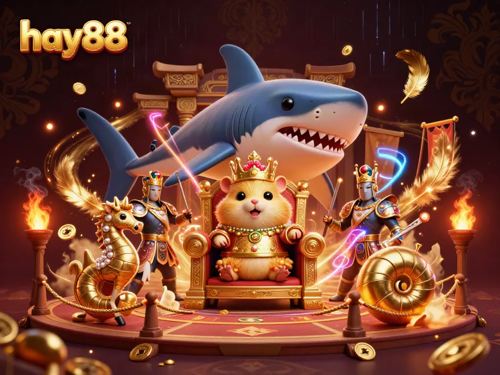 Experience the excitement of hay88 with a fierce hamster king, seahorse guards, and tons of casino elements.