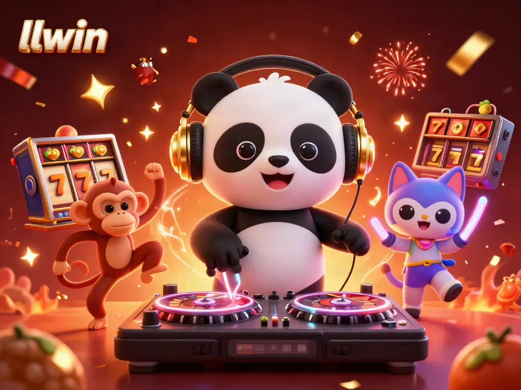 Experience excitement with llwin's vibrant casino scene featuring a DJ panda and animated characters.