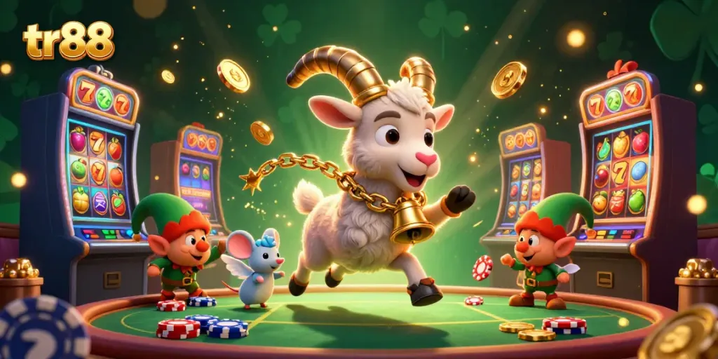 Experience the thrilling ambiance of tr88 casino with Krampus, angel mouse, and elf gremlins amidst vibrant slot machines.