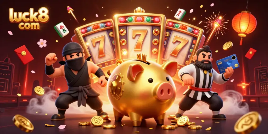 Experience big wins with luck8 com in a vibrant casino showdown illustration.