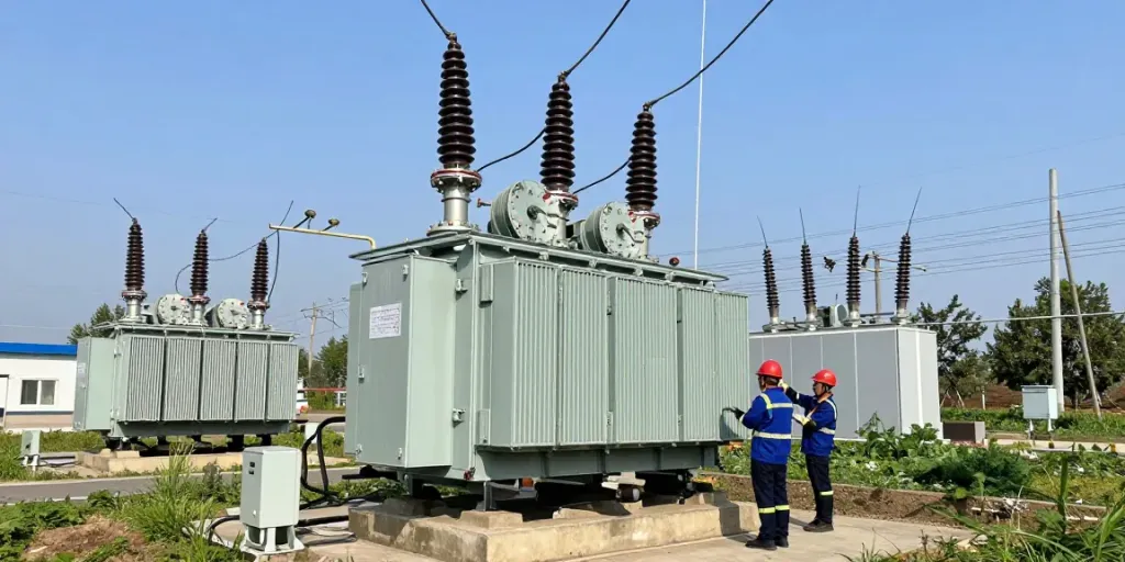 Medium voltage transformer installatie met technici in een industriële omgeving.