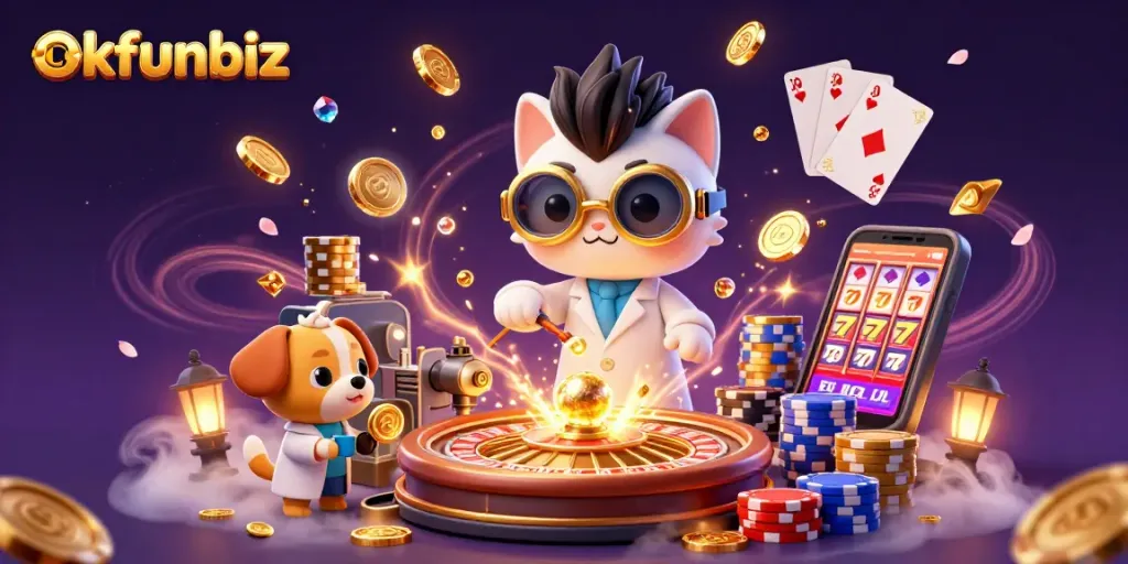 Experience fun and excitement with okfunbiz featuring cartoon characters in a lively casino scene.