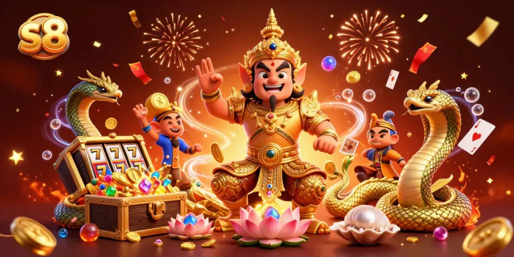 Engage in thrilling slots action with s8’s vibrant gaming scene featuring gold coins and stunning characters.