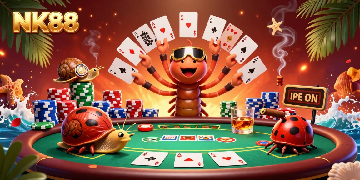 NK88 dealer showcasing a vibrant poker scene with colorful chips and playing cards.