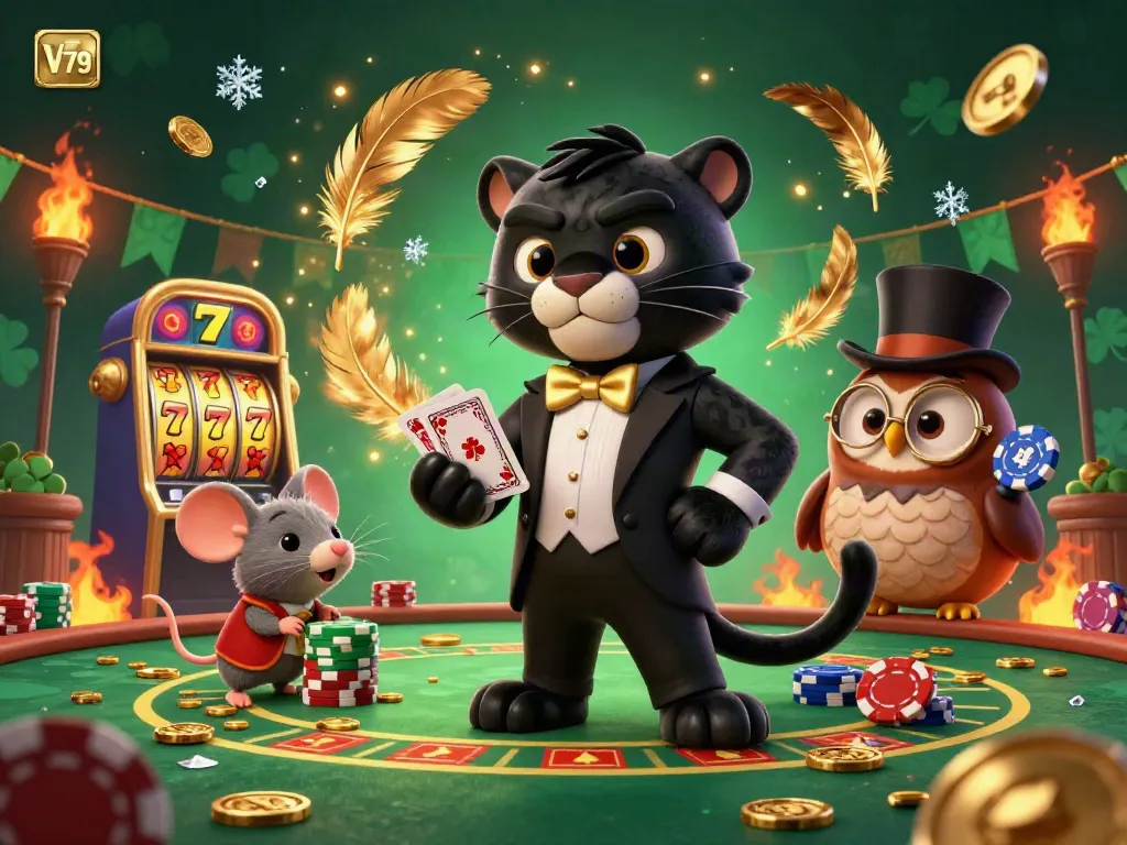 Experience thrilling card games at V79 with a stylish panther dealer and vibrant casino elements.