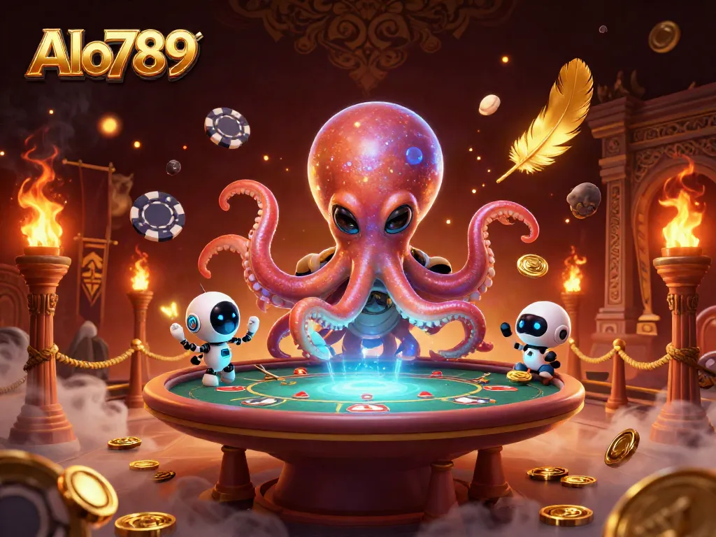 Alo789 alien octopus commands a holographic poker table in a vibrant cosmic casino, showcasing action and excitement.