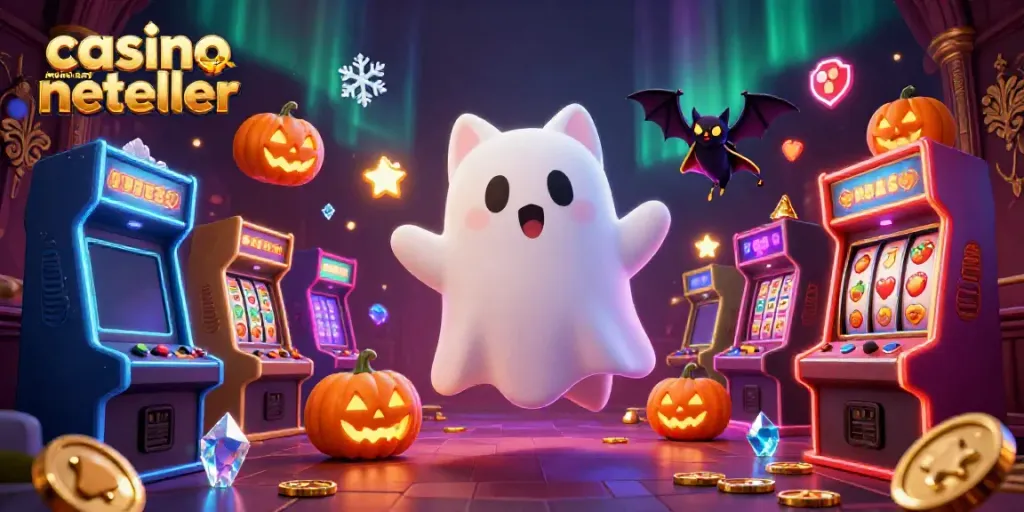 Engaging 3D illustration of a friendly ghost cat in a haunted casino, themed around casino met neteller.