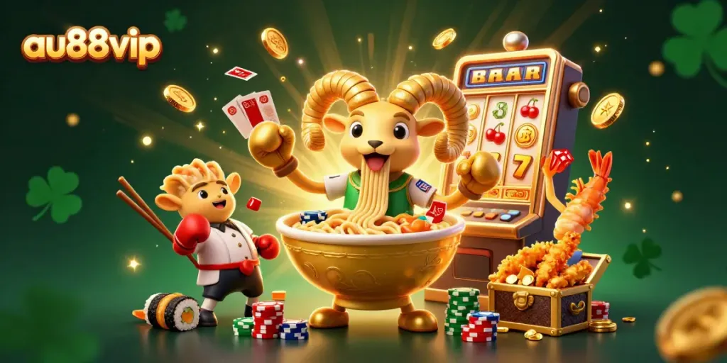 Experience the excitement at au88vip with this vibrant 3D casino illustration showcasing animated characters and jackpot elements.