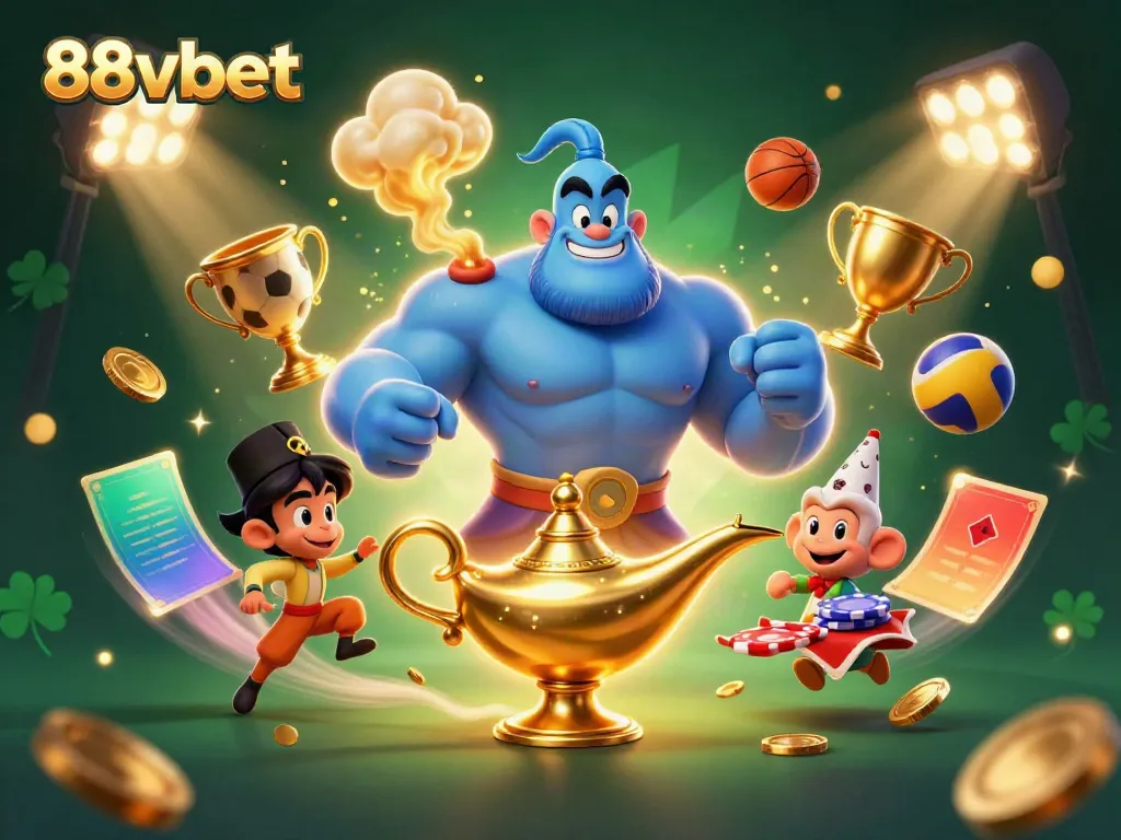 Experience vibrant action with 88vbet as a genie and monkey bring the thrill of gambling to life in this dynamic 3D illustration.