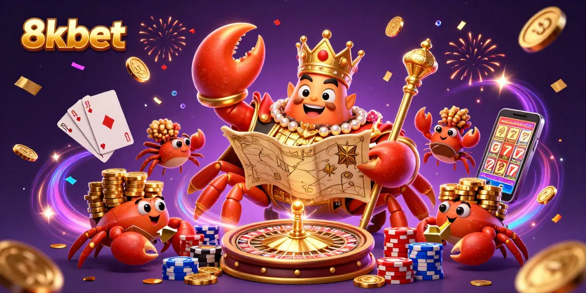 Experience the thrilling world of 8xbet with a dynamic 3D illustration featuring a golden crab emperor amidst dazzling casino elements.