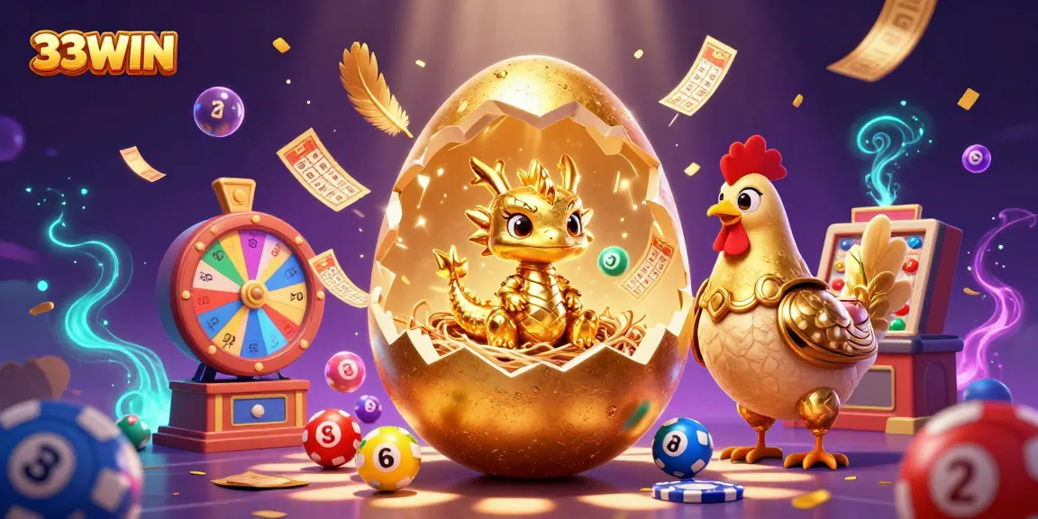 33WIN offers an exciting jackpot scene with a golden baby dragon and poker chips, surrounded by lottery elements.