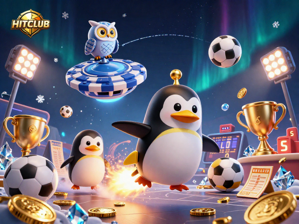 Experience the excitement at HITCLUB with a golden penguin racing towards a casino in a vibrant 3D illustration.