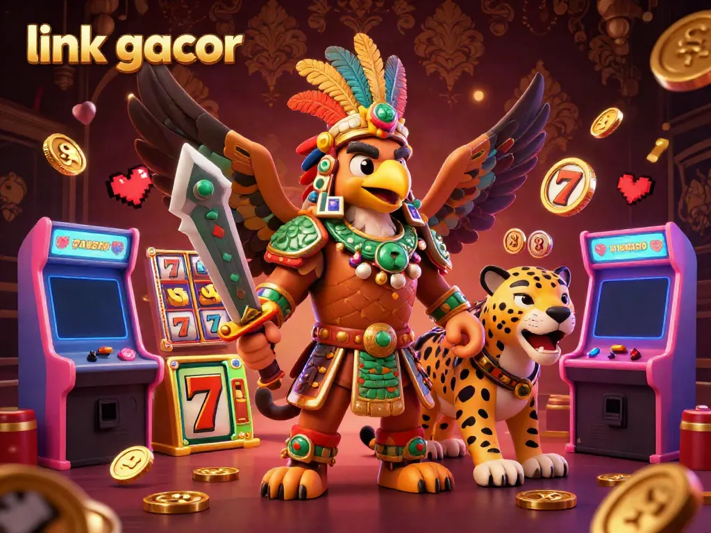 Play and win with link gacor at this vibrant 3D casino illustration showcasing dynamic slot reels and colorful characters.