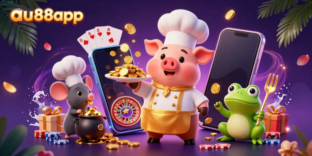 Engage with thrilling casino action at au88app featuring cartoon chef pig, poker, and gold coins.
