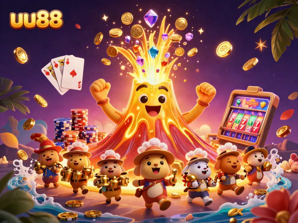 Join the adventure of uu88 as cartoon animals escape a golden volcano's treasure eruption in a vibrant casino setting.