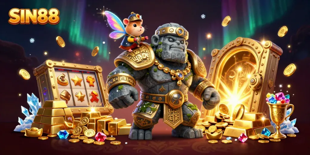SIN88's vibrant casino scene with a golem, fairy, and hamster knight brimming with treasure and slot machines.