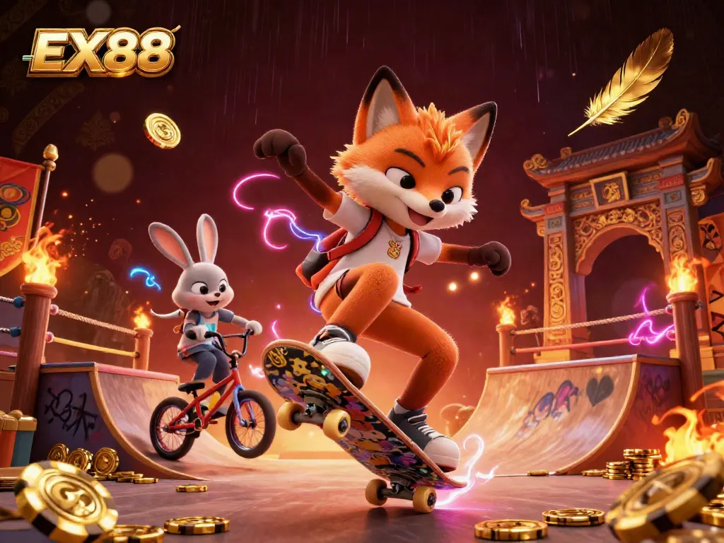 Experience the excitement of EX88 with a skateboarder fox and BMX rabbit in a vibrant casino scene.