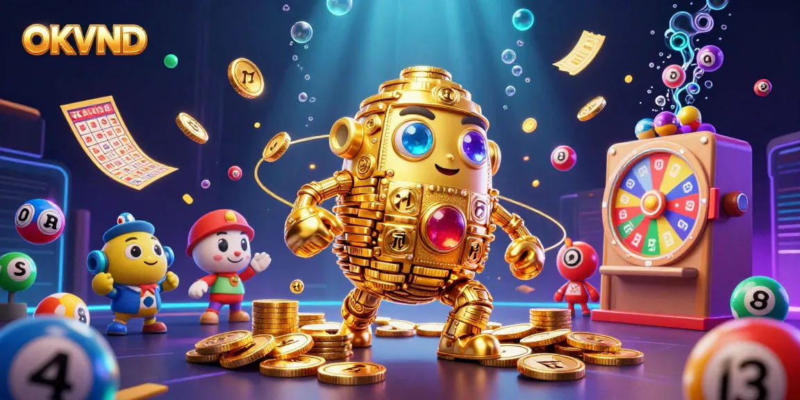 Experience OKVND's golden gaming adventure with dynamic lottery elements in vibrant 3D.