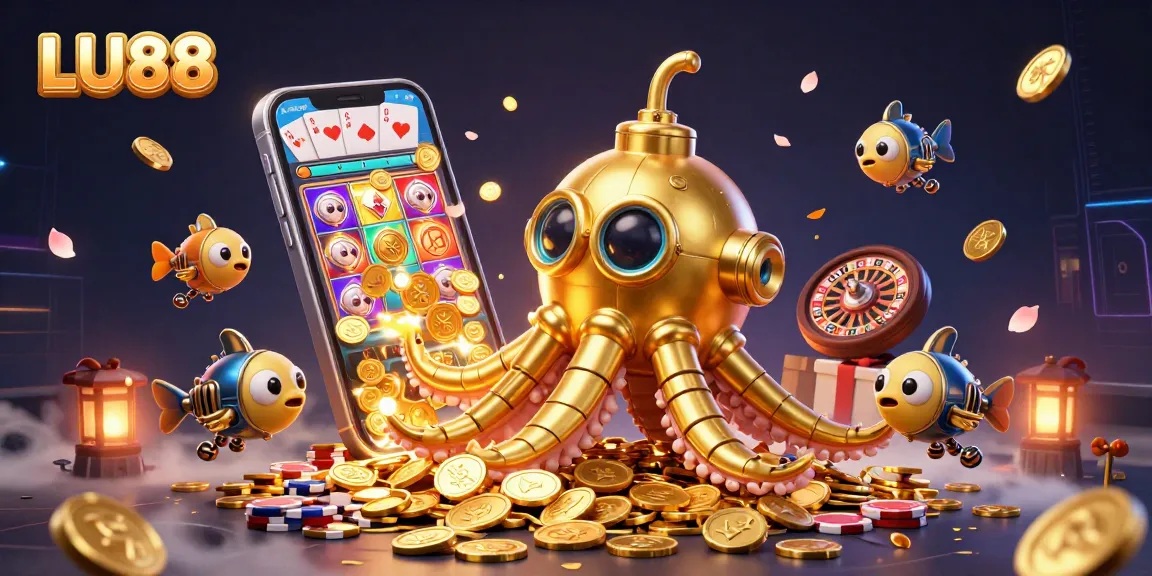 LU88's golden kraken submarine emerges from coins, showcasing thrilling casino gaming elements.
