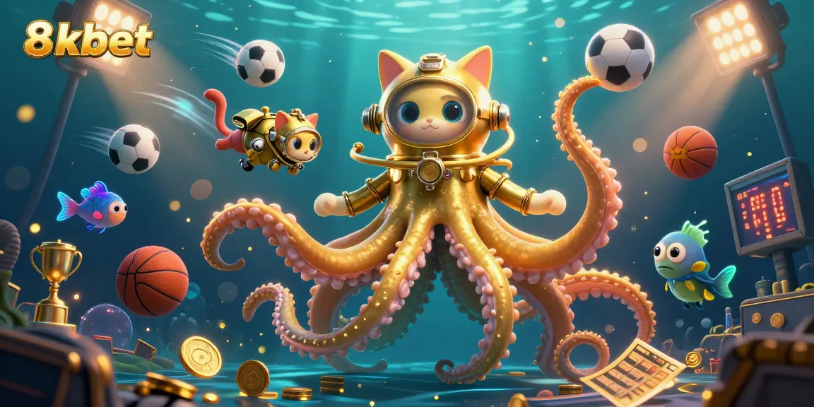Engage with the thrilling underwater world of 8xbet, where a kraken and diving cat explore a vibrant online casino.