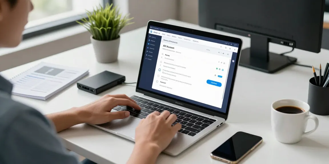 使用爱思下载软件管理苹果设备的现代工作空间，展示数据传输和系统恢复功能，符合技术环境。