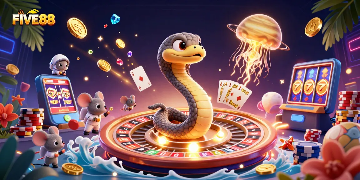 Experience the excitement of betting at FIVE88 with a dynamic 3D cosmic-themed casino illustration.
