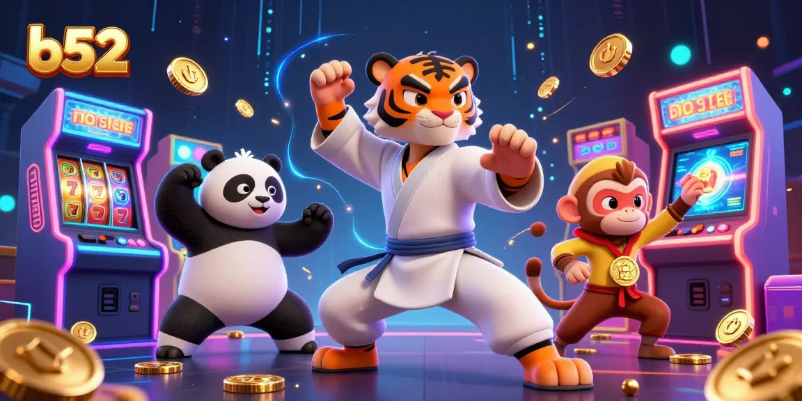 B52 casino game illustration featuring a kung fu tiger master in action with vibrant 3D game elements.