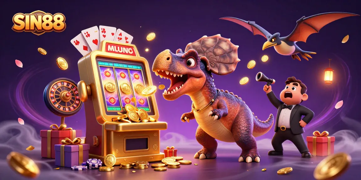 SIN88 thrilling scene with a pachycephalosaurus jackpot headbutting a golden slot machine.