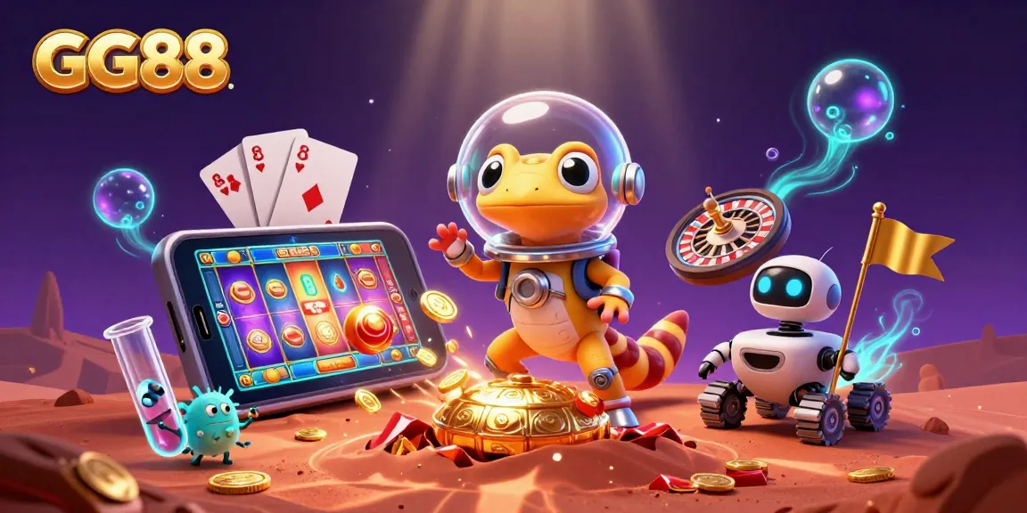GG88 Martian gecko explores golden casino with slot games and vibrant casino elements.